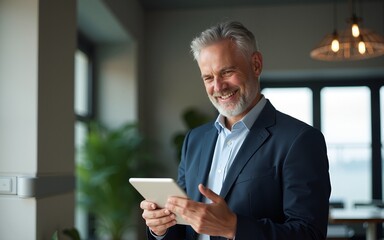 Happy middle aged business man ceo wearing suit standing in office using digital tablet. Smiling mature businessman professional executive manager looking away thinking working on tech device.