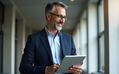 Happy middle aged business man ceo wearing suit standing in office using digital tablet. Smiling mature businessman professional executive manager looking away thinking working - generative ai