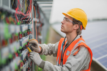 Male Worker Inspecting Solar Panel Electrical Components for Maintenance at Solar Energy Industry Site