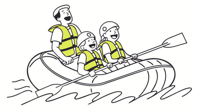 Three people in a canoe wearing life jackets and paddling.