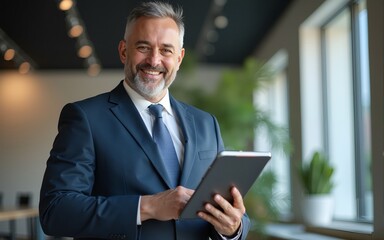 Happy middle aged business man ceo wearing suit standing in office using digital tablet. High quality