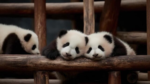 Two panda cubs cuddling and resting on a wooden railing.