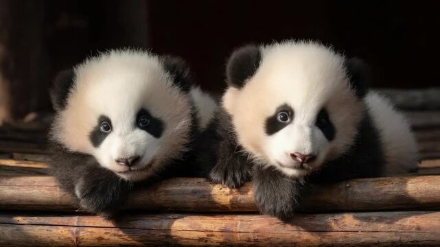 Two panda cubs perched on a bamboo railing.