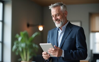 Happy middle aged business man ceo wearing suit standing in office using digital tablet. Smiling mature businessman professional executive manager looking away thinking working on tech device.