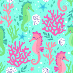 Naklejka premium Seamless pattern with seahorses, corals, and shells. Vector graphics.