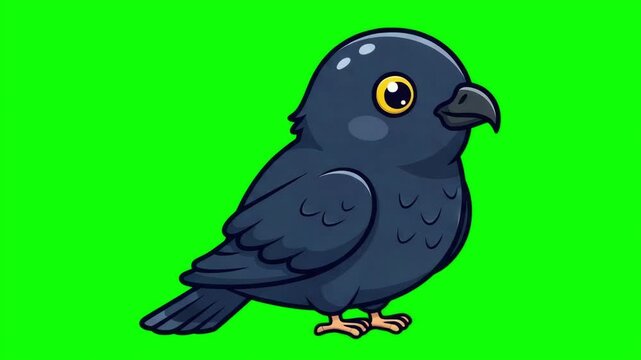 Cute Animated Cartoon Black Crow or Raven Bird Character on Green Screen for Chroma Key Compositing