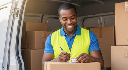 Smiling delivery worker in a bright safety vest is checking packages inside a delivery van, showcasing efficient logistics and customer service