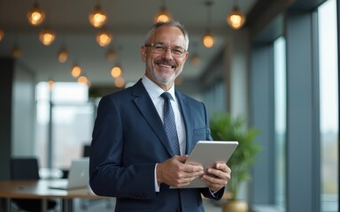Happy middle aged business man ceo wearing suit standing in office using digital tablet. High quality
