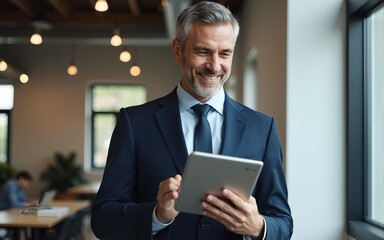 Happy middle aged business man ceo wearing suit standing in office using digital tablet. High quality