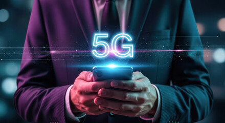 Business professional holding smartphone with glowing 5G symbol, showcasing modern technology and connectivity in a dynamic urban environment