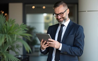 Happy middle aged business man ceo wearing suit standing in office using digital tablet. High quality