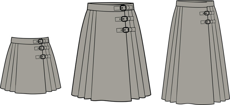 Set of grey pleated kilt skirts with buckle details in mini midi and maxi lengths, flat vector illustration isolated on white background.