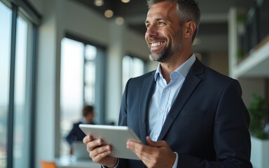 Happy Smiling middle aged business man ceo wearing suit standing in office using digital tablet and looking away. High quality