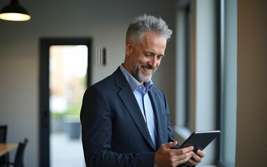Happy middle aged business man ceo wearing suit standing in office using digital tablet. Smiling mature businessman professional executive manager looking away thinking working, generative ai