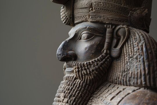 Profile view of a weathered lamassu statue, showcasing intricate carvings and powerful presence