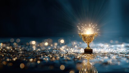 Golden trophy with sparkling lights and bokeh background.