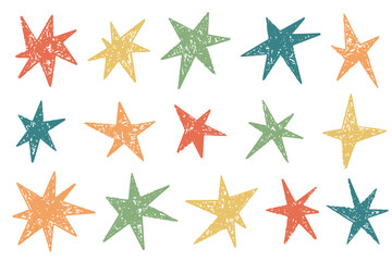 Hand-drawn star doodles in crayon and chalk textures. Grunge brush strokes create playful sparkle icons with pastel tones and whimsical shapes. Vector illustration on white background