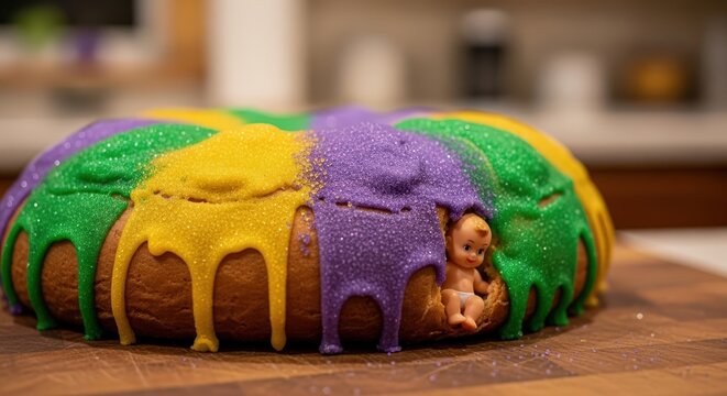 Traditional king cake for Mardi Gras, New Orleans pastry with a plastic baby representing Baby Jesus. Dessert for Fat Tuesday festival. Selective focus