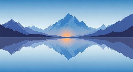 Serene mountain landscape reflecting in tranquil lake at sunrise, peaceful vista.