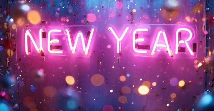Bright pink neon sign displays New Year. Bokeh lights create festive, celebratory mood. Dark background emphasizes glowing text. - Powered by Adobe