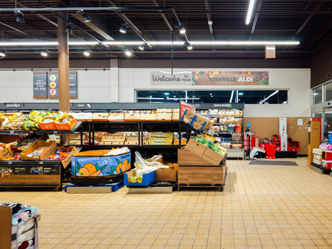 Yorkville, NY - Dec 6, 2025: Wide view of Aldi of Yorkville. Aldi is a German-founded multinational discount supermarket chain, operating 13,000+ stores worldwide