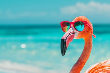 Funny flamingo wearing sunglasses enjoying summer vacation on a tropical beach with turquoise water