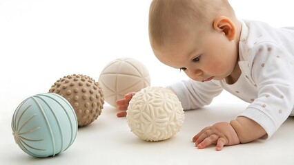 Baby reaching for tactile sensory balls on a white surface