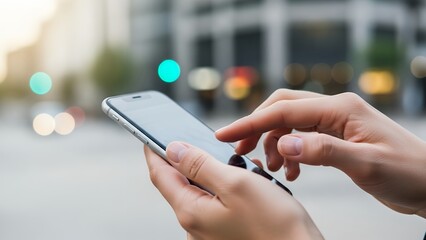 Close-up of hands holding and interacting with a modern smartphone screen in an outdoor urban environment