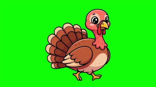 Cute Cartoon Turkey Bird Walking Animated Loopable Green Screen Chroma Key Element for Thanksgiving Projects