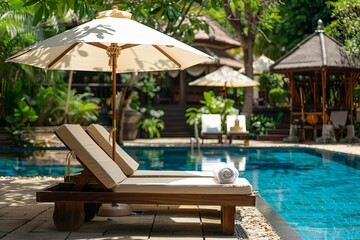 Wooden sun loungers sit poolside under a parasol at a tropical resort, offering a tranquil escape