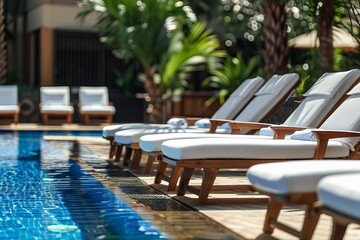 Comfortable reclining chairs with white cushions are perfectly arranged by a luxurious blue pool, creating an inviting scene of relaxation
