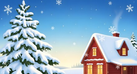Naklejka premium Cozy winter scene with snow covered evergreen tree and a warmly lit house