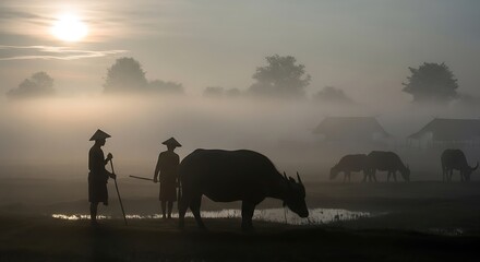 Farmers and water buffalo in a misty field at sunrise.