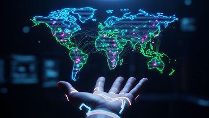 Global Network Technology Connections Map Overlayed on an Open Hand