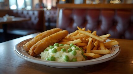 Traditional british fish and chips with mushy peas served in a restaurant