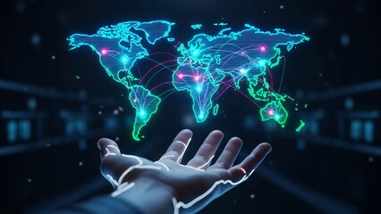Global connectivity and digital network map of the world with a hand holding the Earth, representing technology and communication