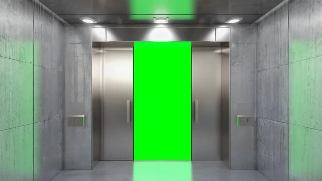 open door of elevator and showing a green screen video