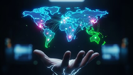 Digital globe hologram floating above an open palm displaying global connections and network data