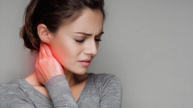 Woman experiencing neck pain while holding her neck in a neutral setting