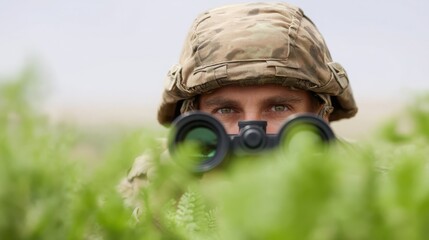 A soldier in camouflage gear peeks through binoculars, blending into the greenery of the surrounding environment.