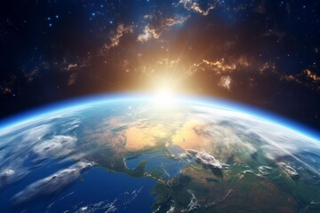 Obraz premium Planet earth rotating showing sunrise in outer space with stars and nebulae