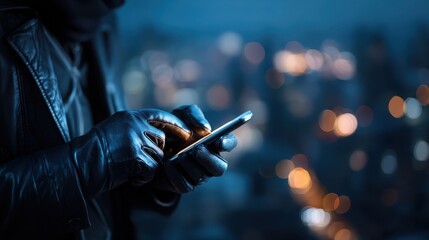 A figure in a dark jacket and gloves uses a smartphone, surrounded by a blurred urban nightscape, suggesting a sense of mystery or secrecy.