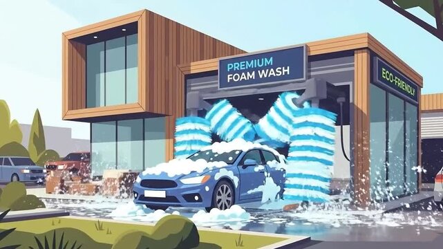 An automatic car wash machine gives a blue car a premium foam wash, cleaning the vehicle with soapy water for a spotless shine.