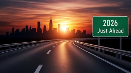 2026 just ahead road sign on a highway leading to a city skyline at sunset, symbolizing new beginnings and future prospects