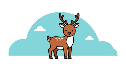 A cute cartoon illustration of a brown deer with white spots and antlers standing in front of a light blue cloud formation.