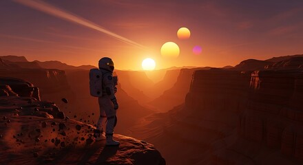 Astronaut on alien planet observing a triple sunset over a canyon landscape.
