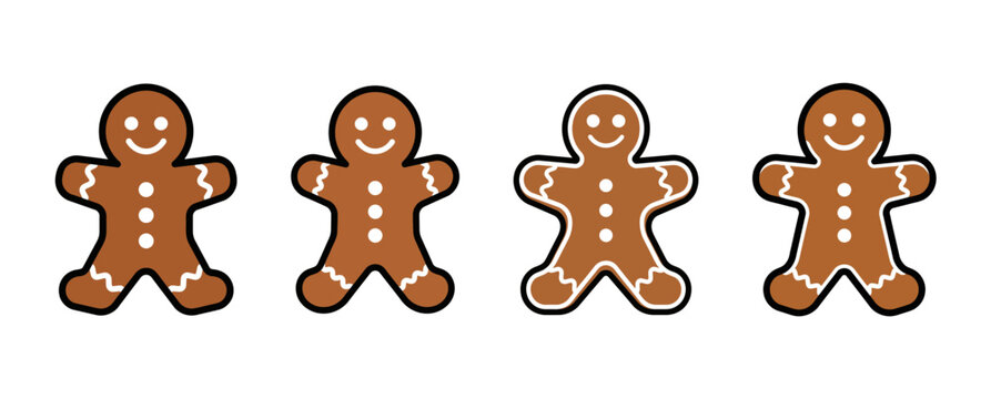 Four classic gingerbread men cookies decorated with white icing in a row against a white background.