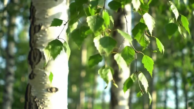 Sunlight filtering through vibrant green birch tree leaves in a forest.