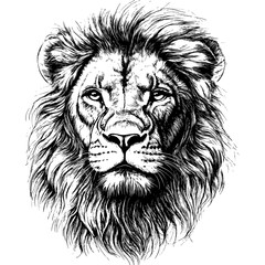 Intricate black and white illustration of a lions face