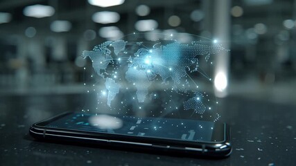 Digital global world map projection emerging from smartphone representing global connectivity and communication technology.